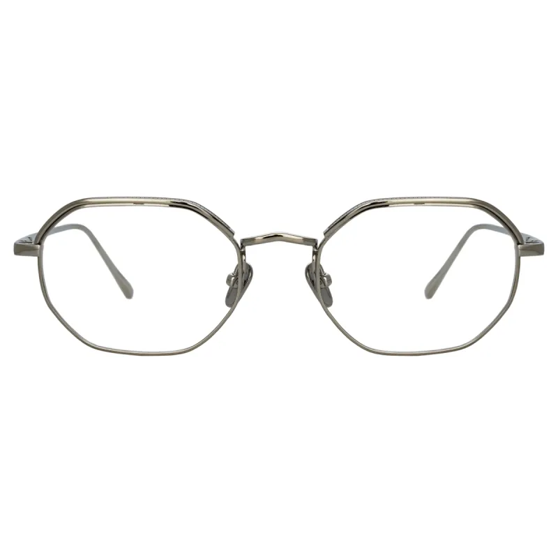 Shaw Angular Optical Frame in White Gold sold by Linda Farrow