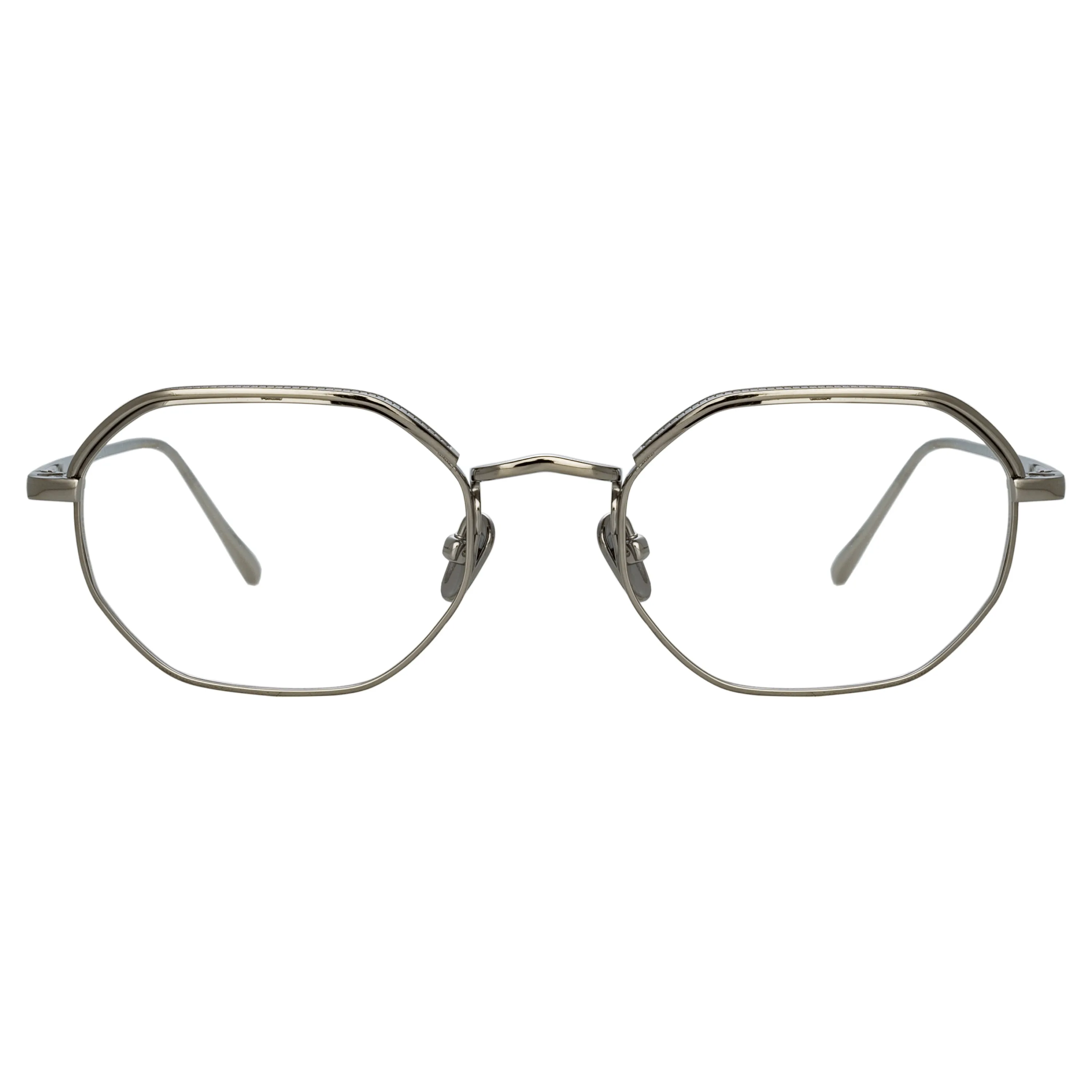Shaw Angular Optical Frame in White Gold sold by Linda Farrow