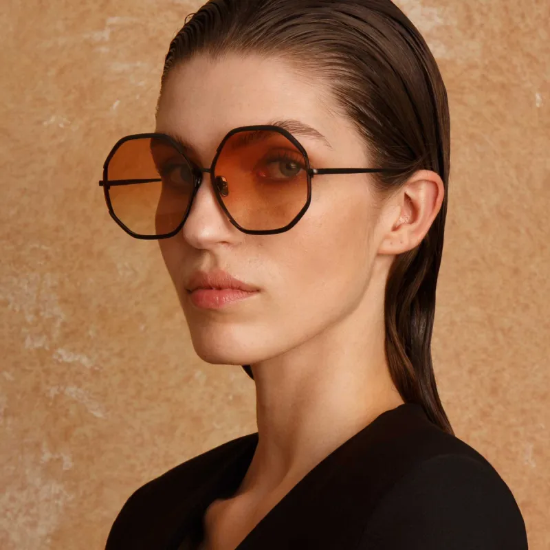 Camila Hexagon Sunglasses in Nickel and Camel sold by Linda Farrow