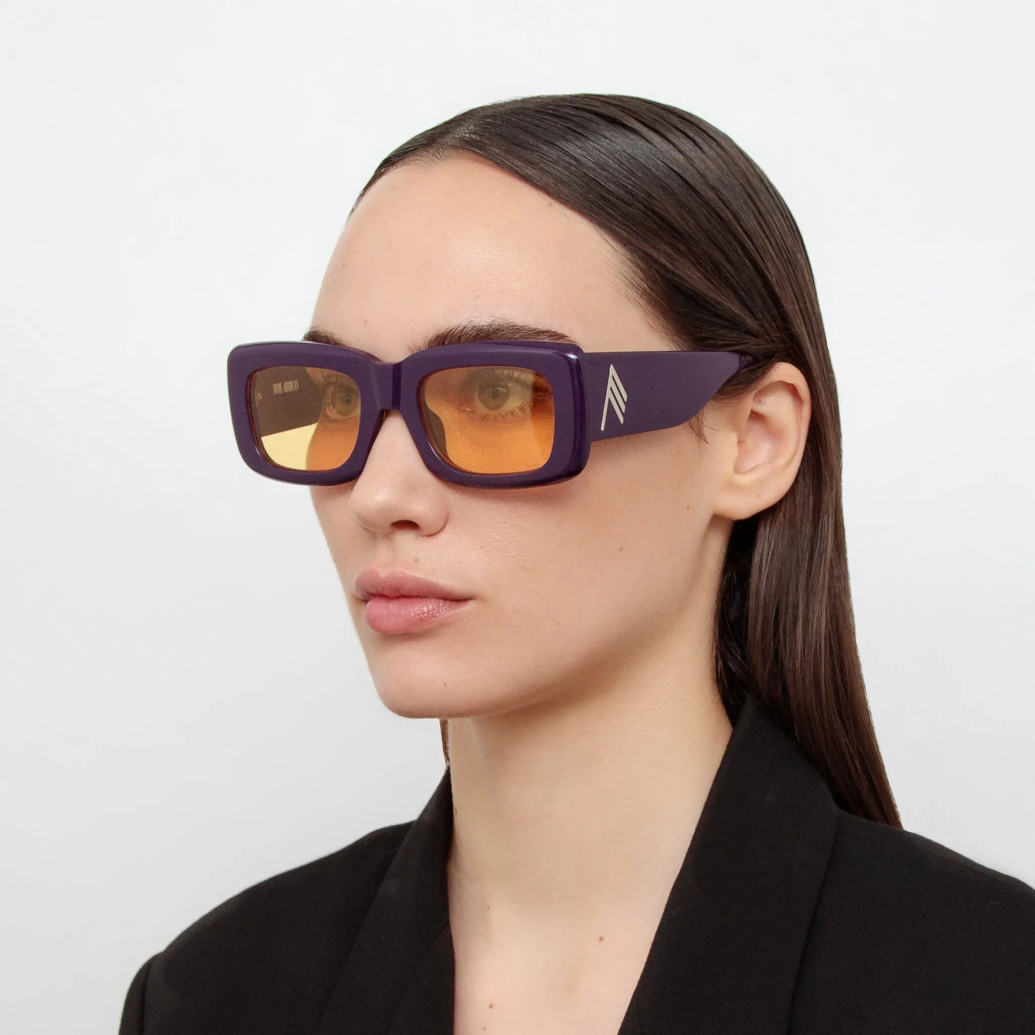 The Attico Marfa Rectangular Sunglasses in Purple and Yellow sold by Linda Farrow