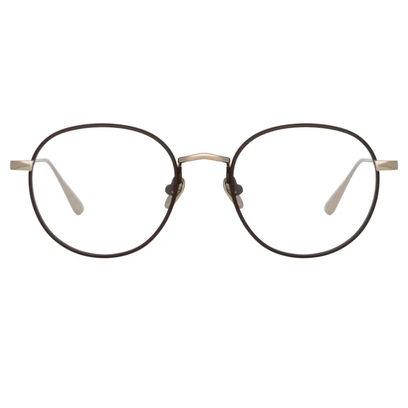Anton Oval Optical Frame in Light Gold and Brown sold by Linda Farrow