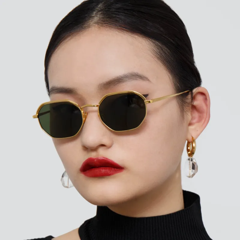 Shaw Angular Glasses in Yellow Gold and Green sold by Linda Farrow