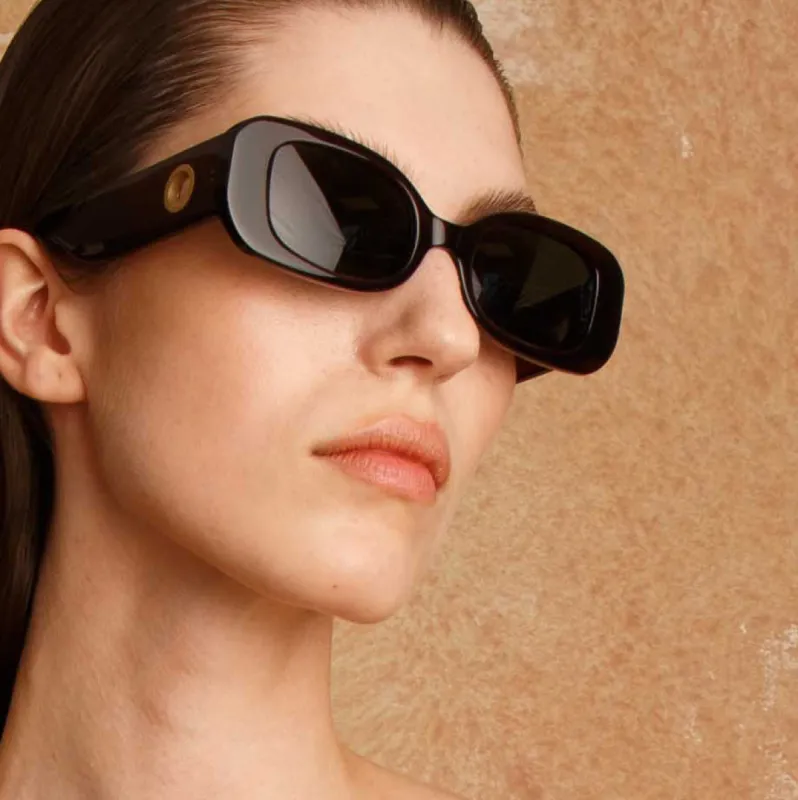 The Lola | Rectangular Sunglasses in Black (C1) sold by Linda Farrow