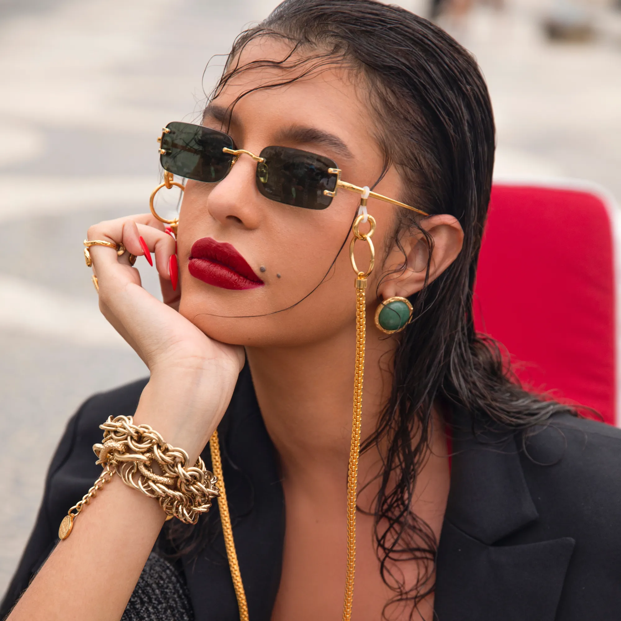 Taylor Rectangular Sunglasses in Yellow Gold and Green sold by Linda Farrow product image thumbnail 5