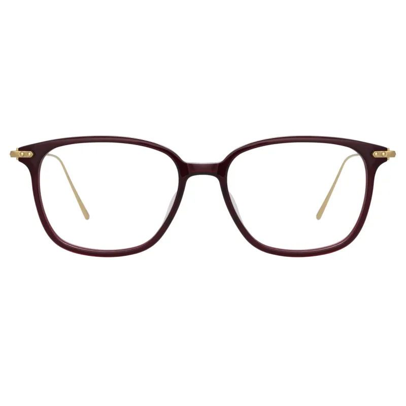 Coffey Rectangular Optical Frame in Burgundy sold by Linda Farrow