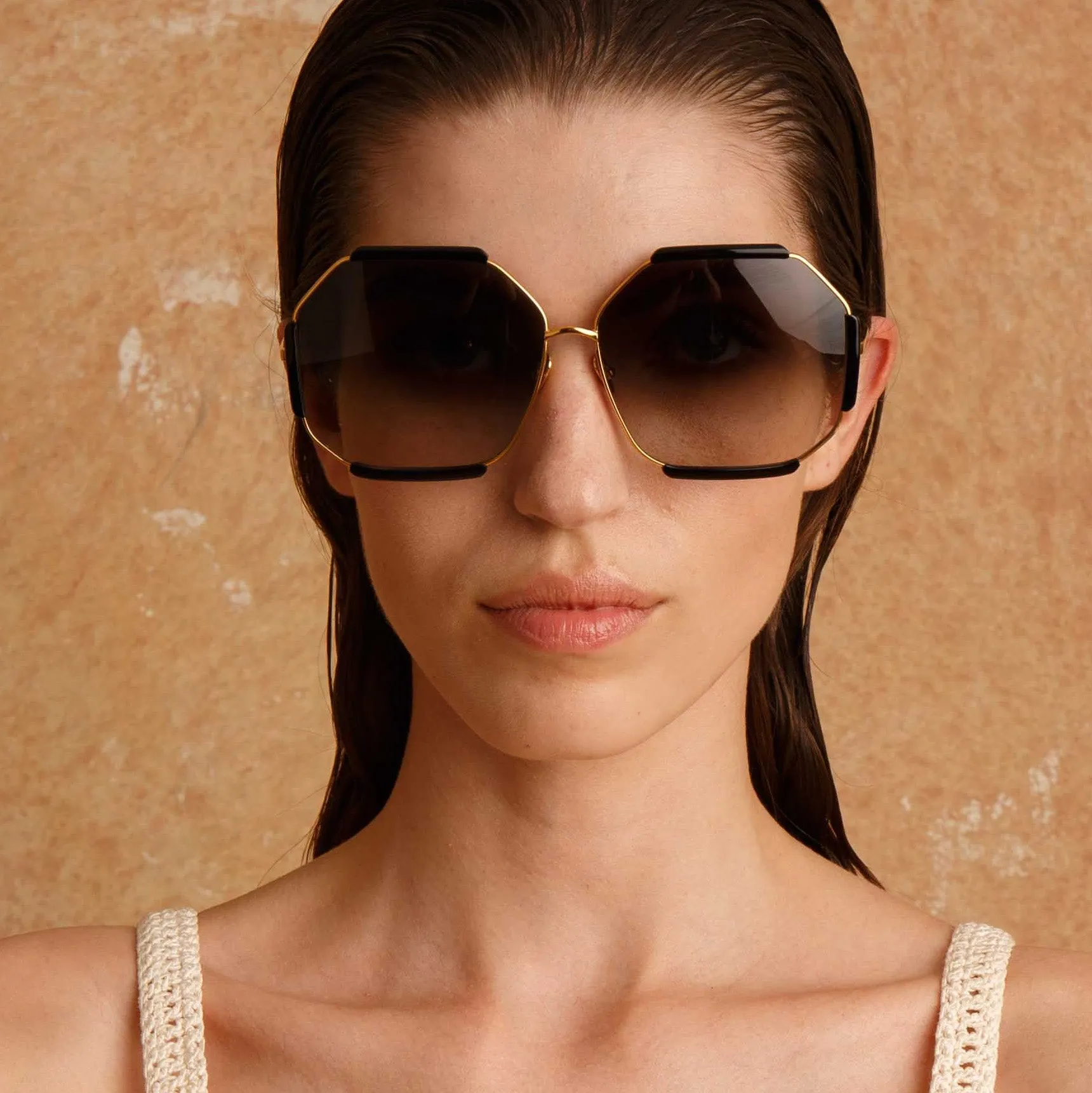Margot Hexagon Sunglasses in Black sold by Linda Farrow