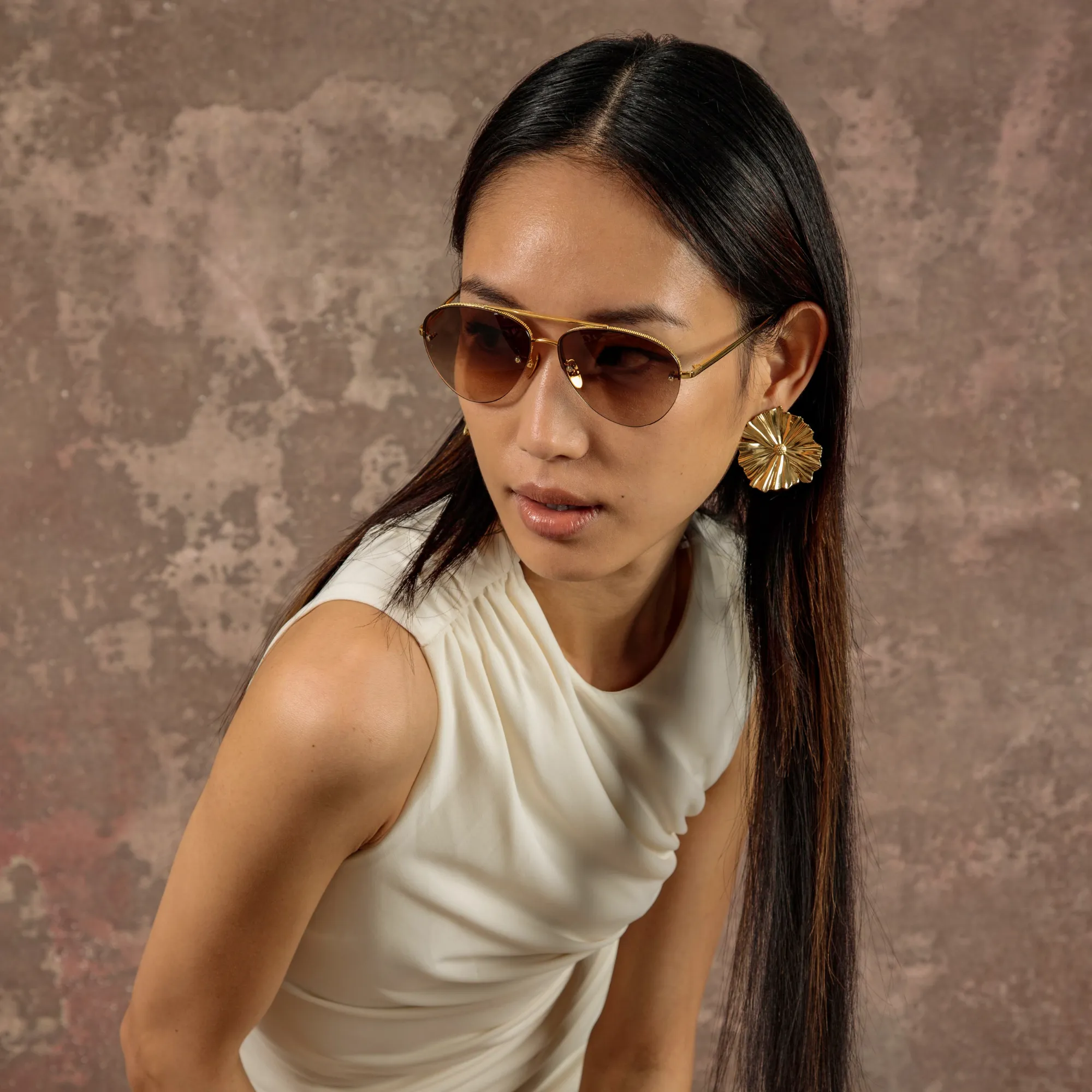 Edano Aviator Sunglasses in Yellow Gold sold by Linda Farrow