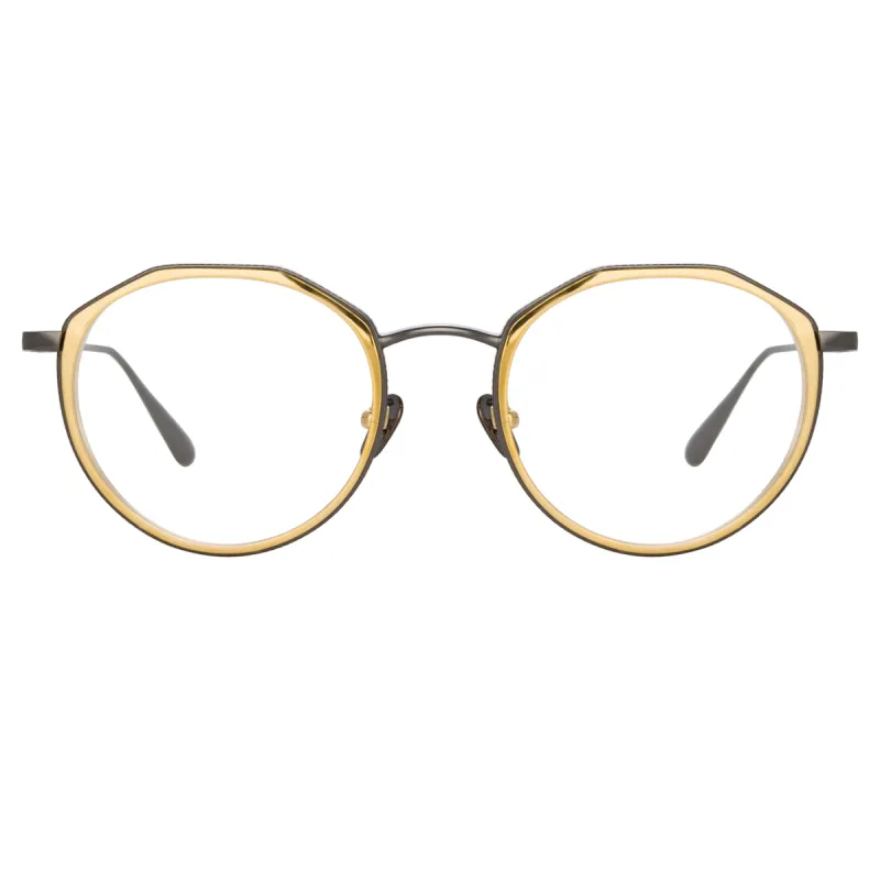Cesar Angular Optical Frame in Nickel and Yellow Gold sold by Linda Farrow