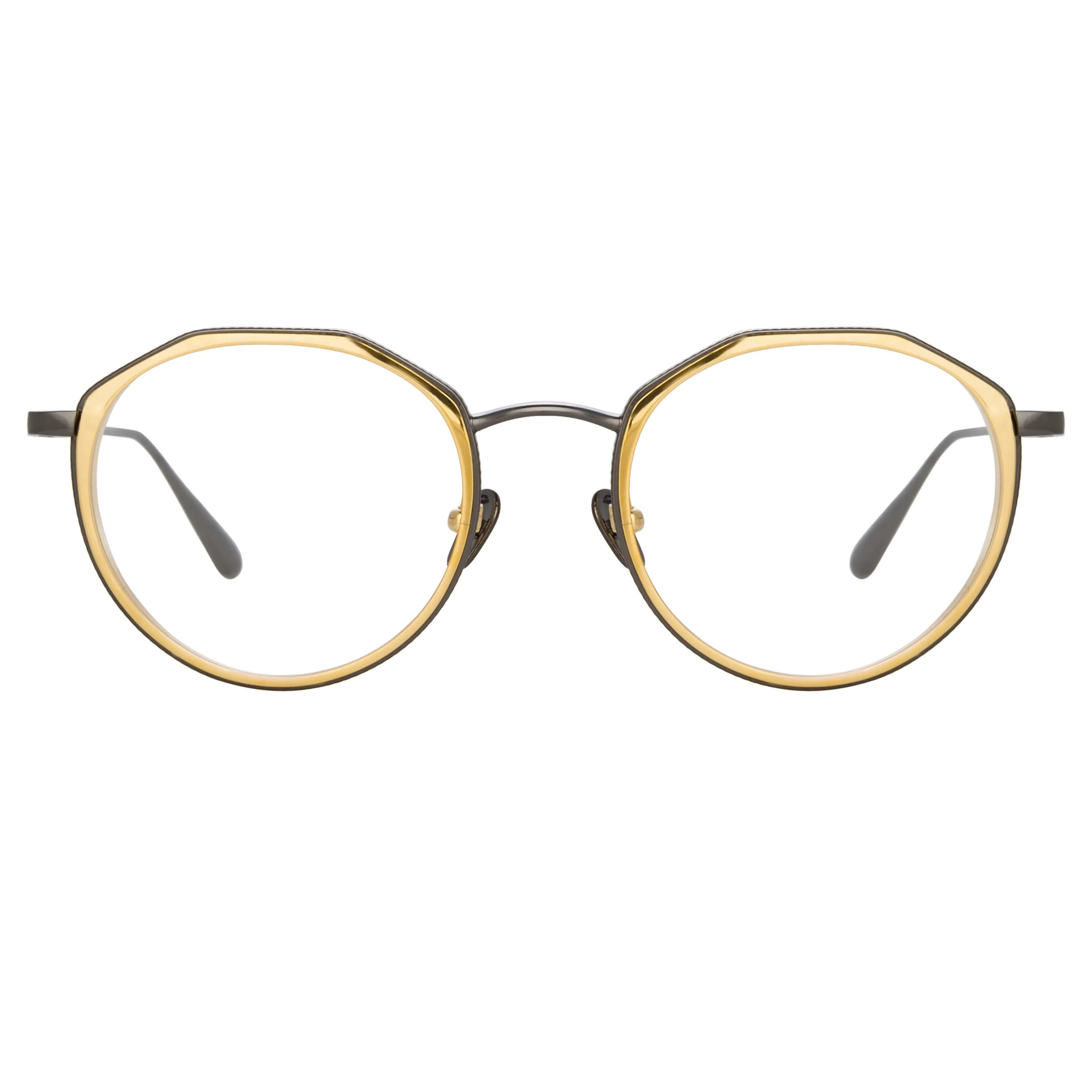 Cesar Angular Optical Frame in Nickel and Yellow Gold sold by Linda Farrow