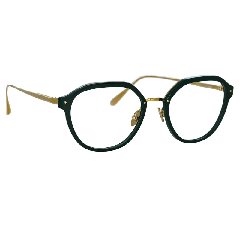 Cacao Angular Optical Frame in Green sold by Linda Farrow