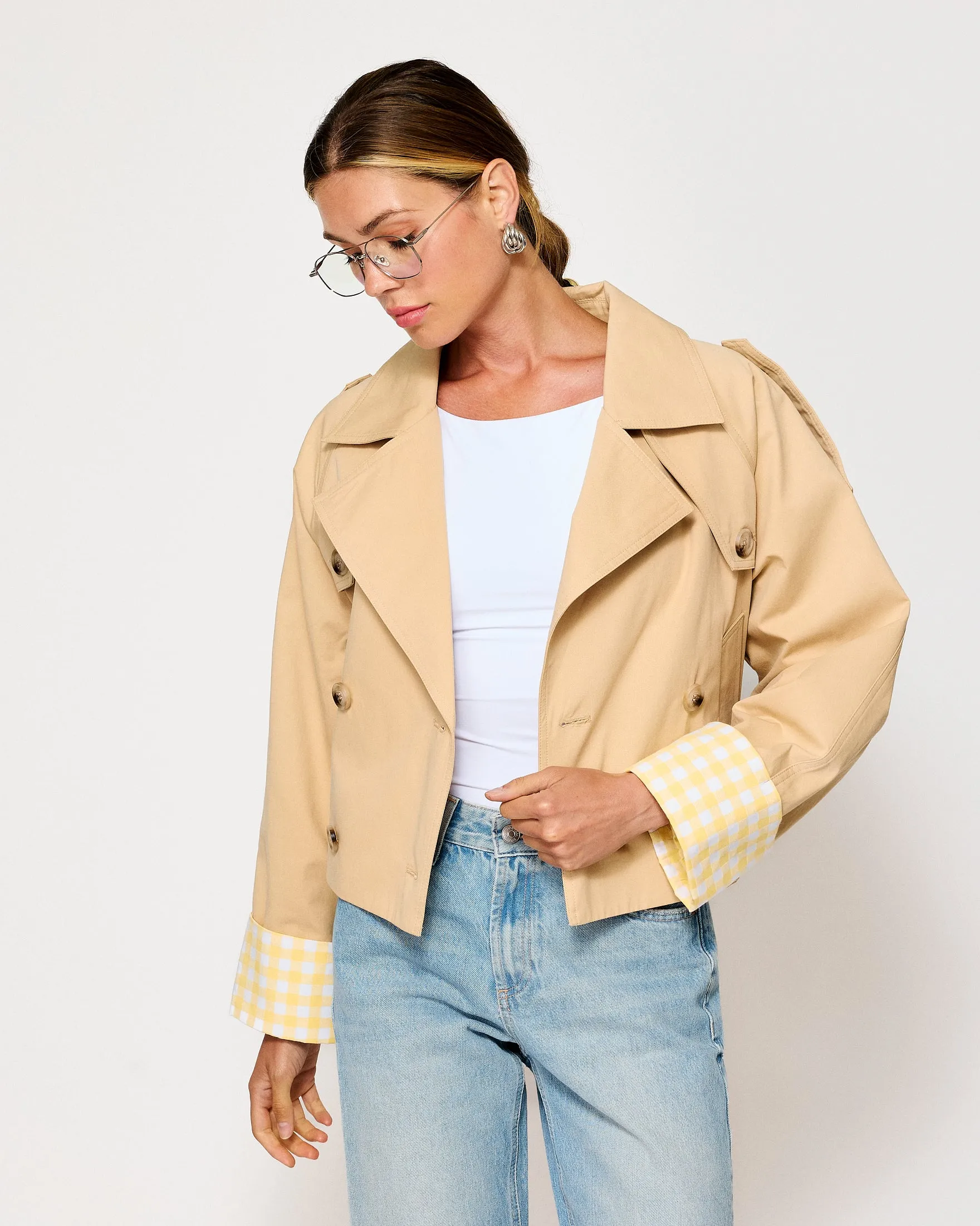 ALBA CROP TRENCH JACKET WITH GINGHAM CHECK CUFFS sold by Line & Dot