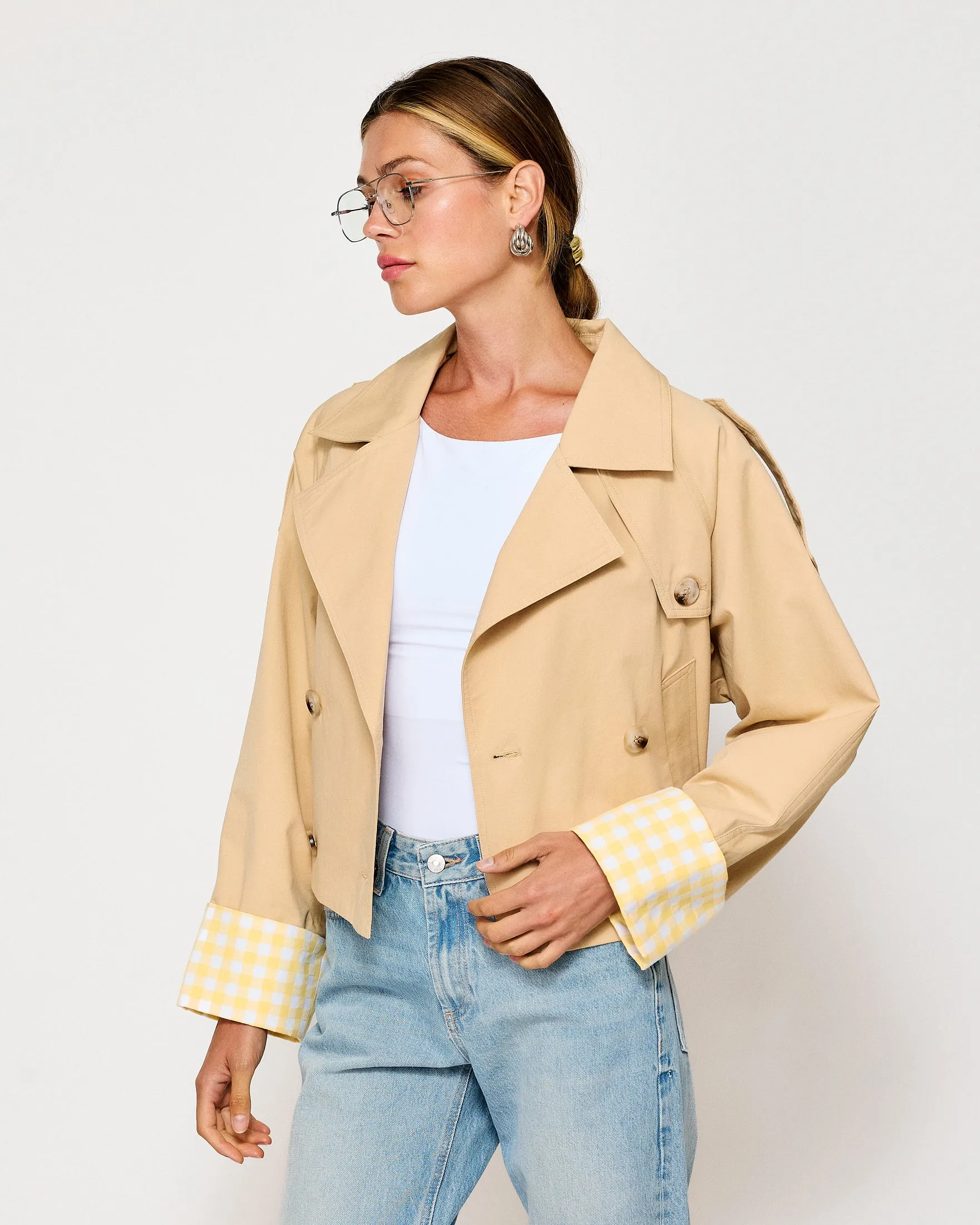 ALBA CROP TRENCH JACKET WITH GINGHAM CHECK CUFFS sold by Line & Dot product image thumbnail 3