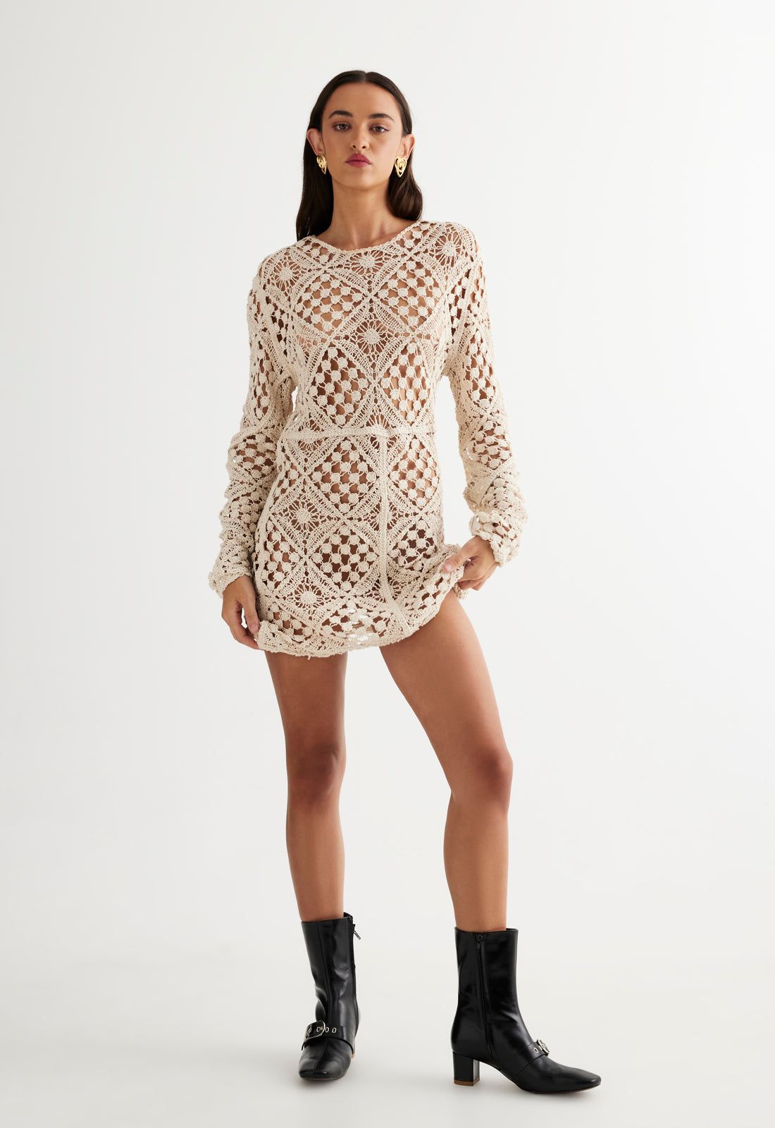 ATZARÓ CROCHET MINI DRESS - ALMOND sold by Lioness product image thumbnail 3