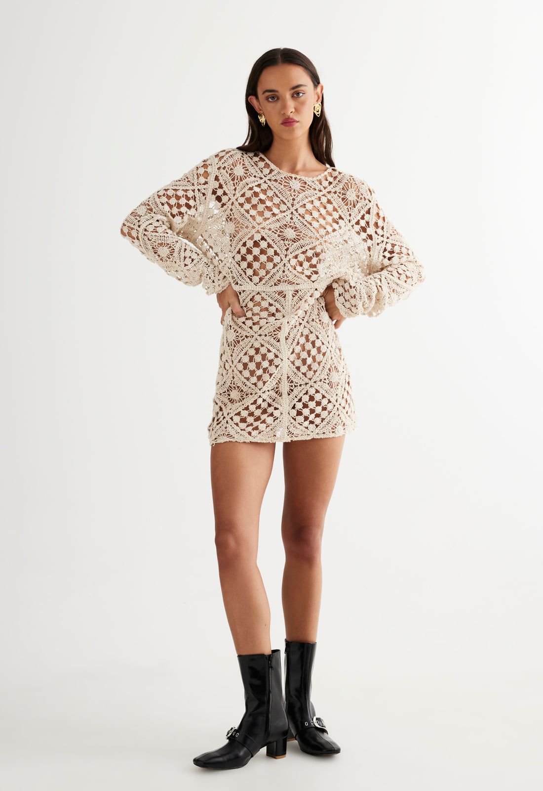 ATZARÓ CROCHET MINI DRESS - ALMOND sold by Lioness