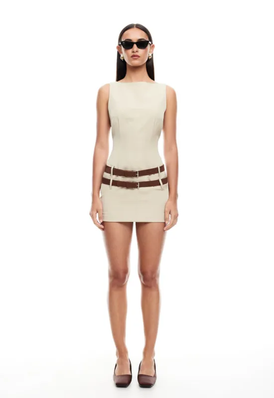 ETHEREAL BUCKLE MINI DRESS - BEIGE sold by Lioness