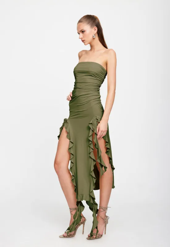 RENDEZVOUS STRAPLESS DRESS - OLIVE sold by Lioness