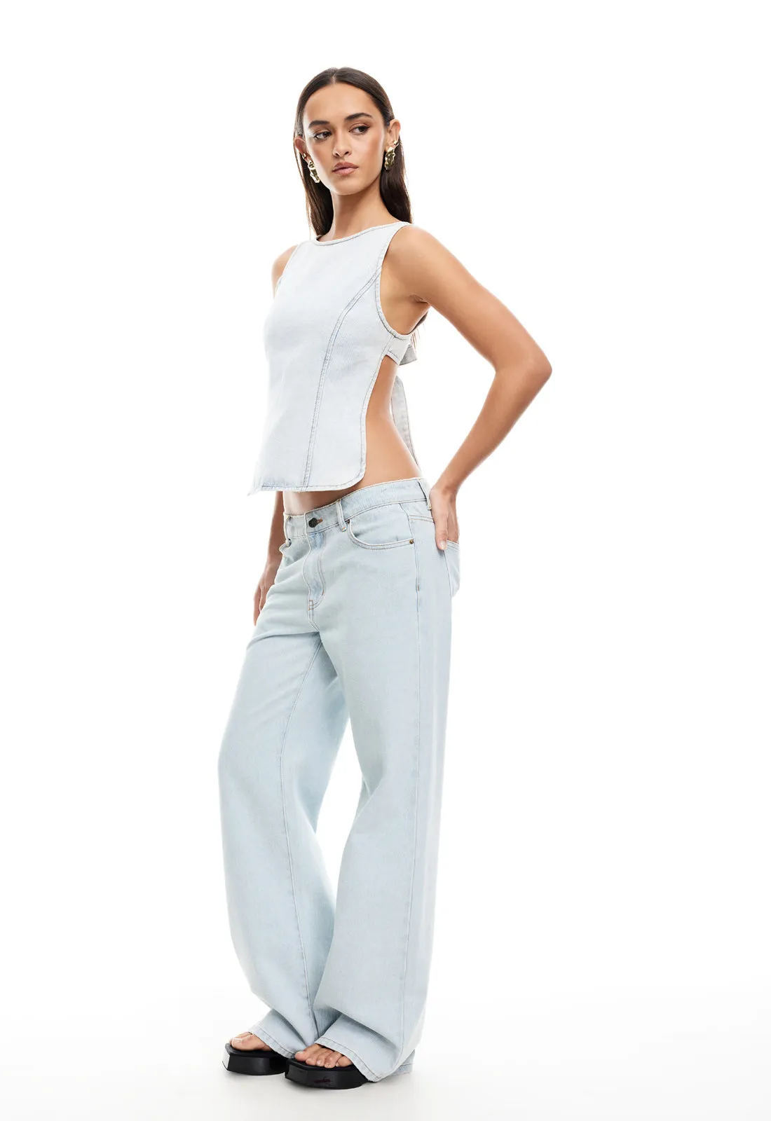RIDER BACKLESS TOP - LIGHT DENIM sold by Lioness