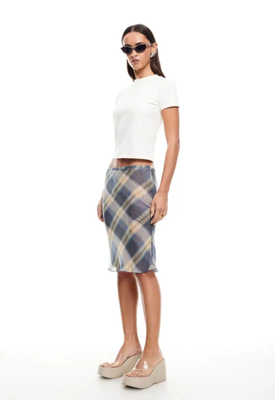 SHORELINE MIDI SKIRT - BLUE CHECK sold by Lioness