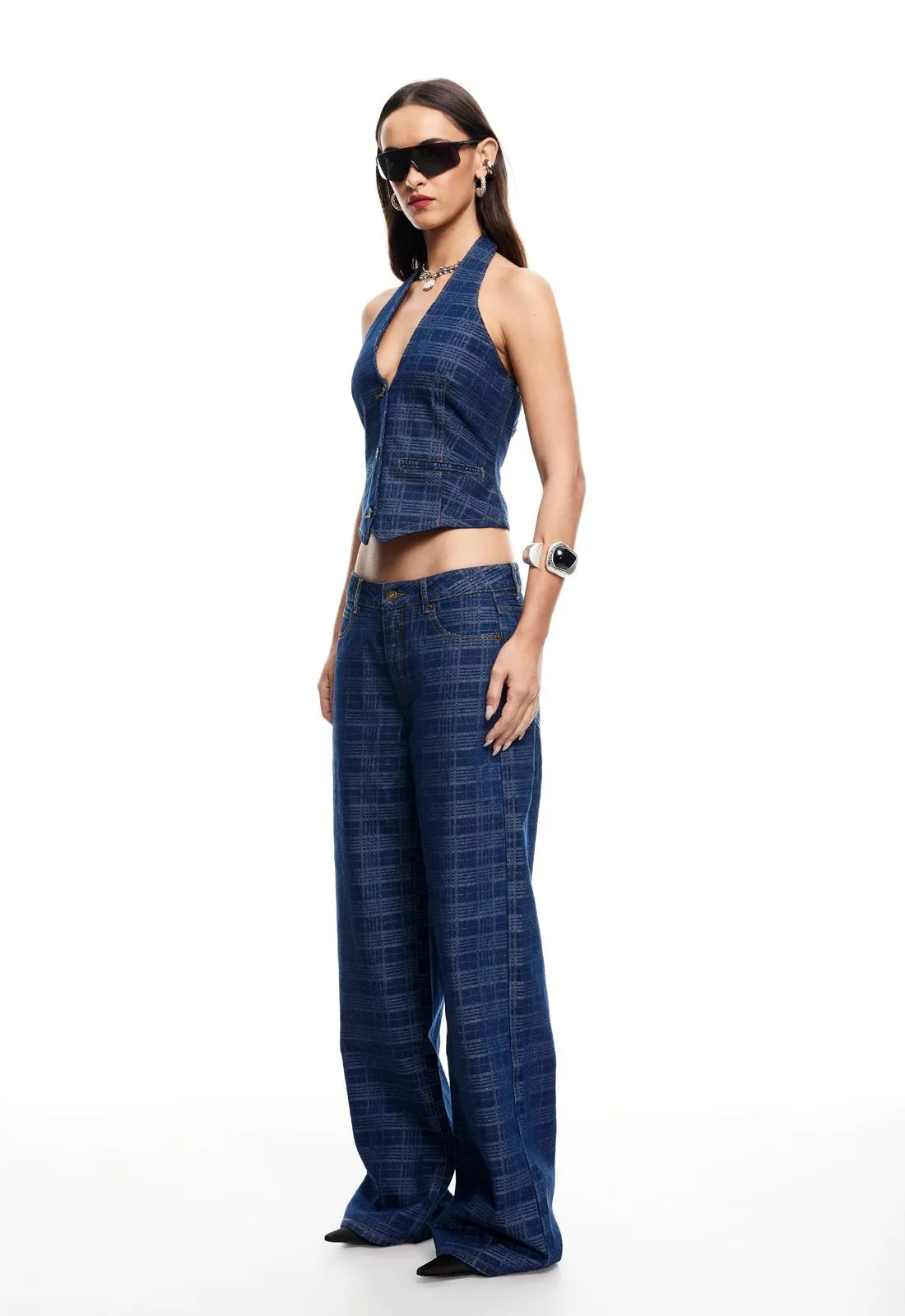 RENEWAL HALTER TOP - INDIGO PLAID sold by Lioness product image thumbnail 3