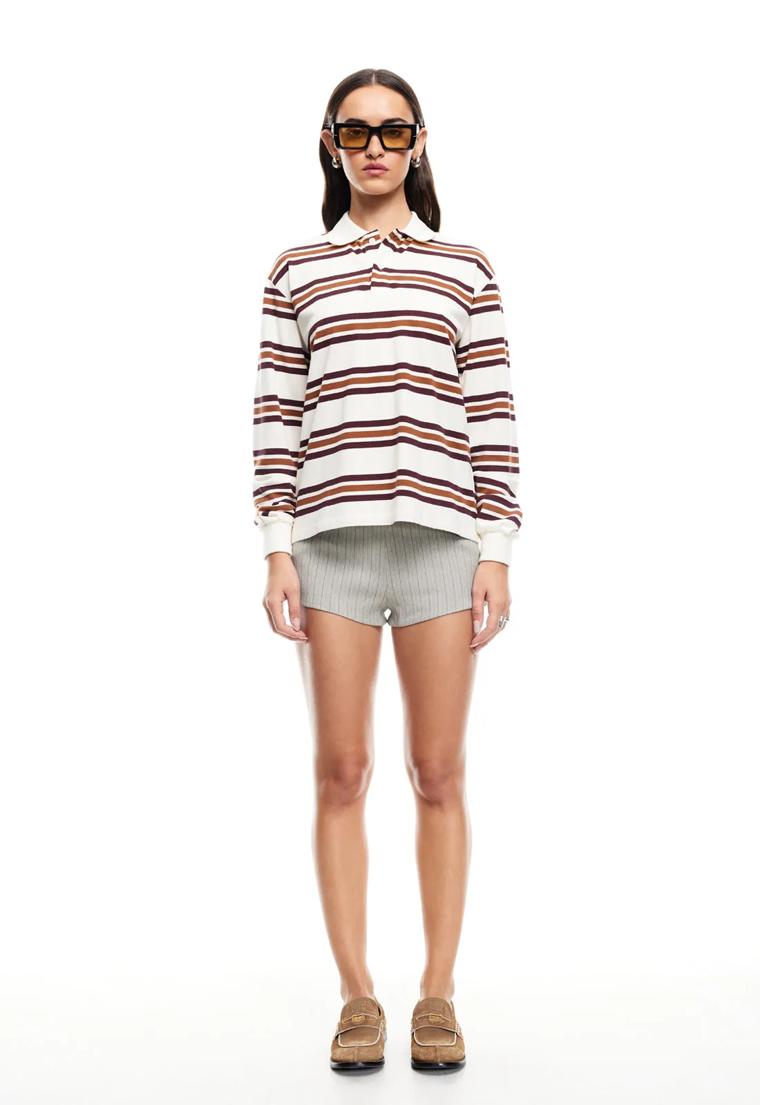 LEISURE LONG SLEEVE POLO - COFFEE STRIPE sold by Lioness