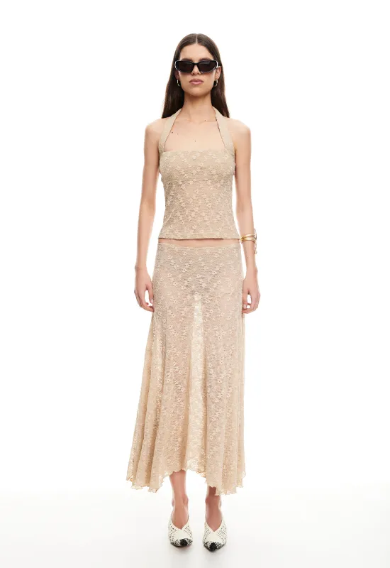 IN BLOOM LACE MIDI SKIRT - TAUPE sold by Lioness