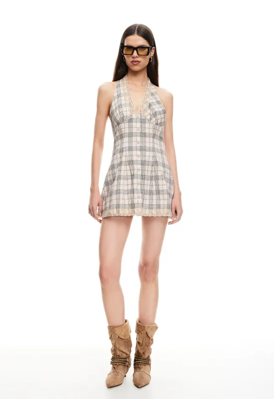 CHARMED MINI DRESS - BEIGE PLAID sold by Lioness