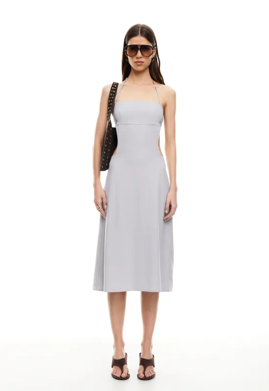 MOONLIT MIDI DRESS - LIGHT GREY PINSTRIPE sold by Lioness