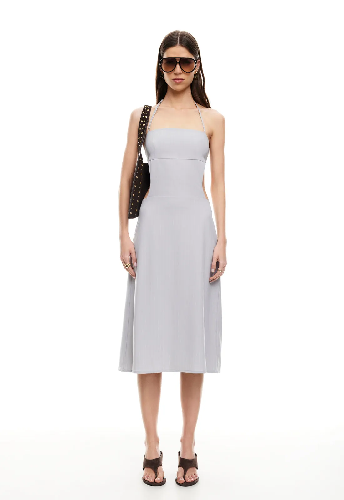 MOONLIT MIDI DRESS - LIGHT GREY PINSTRIPE sold by Lioness