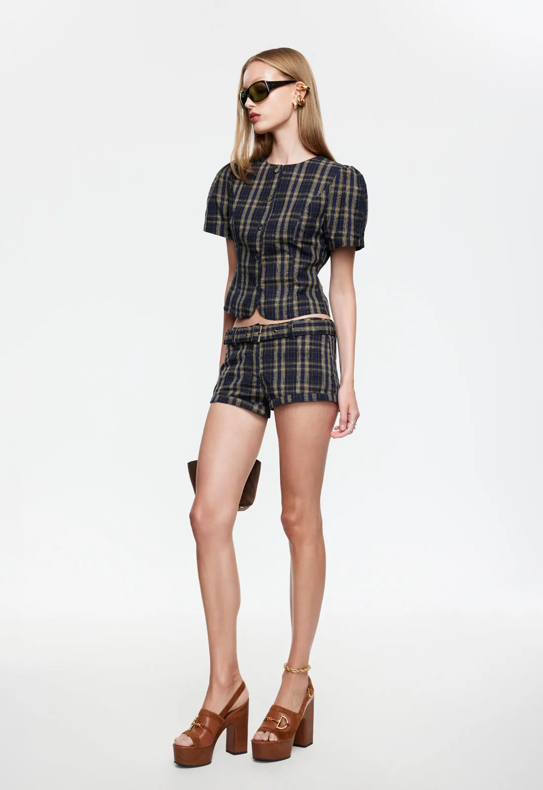 AFTERGLOW MINI SHORT - NAVY LEMON PLAID sold by Lioness product image thumbnail 3