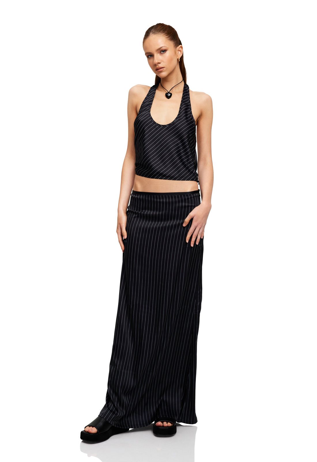 HUDSON SATIN MAXI SKIRT - BLACK PINSTRIPE sold by Lioness product image thumbnail 4