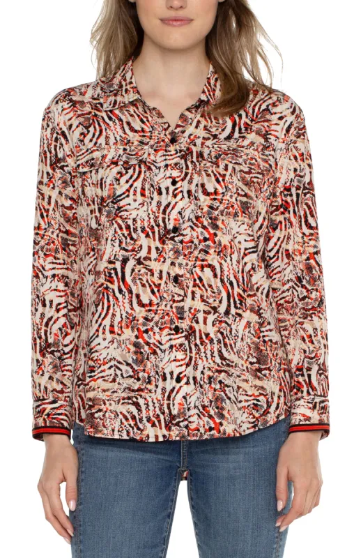FLAP POCKET BUTTON UP WOVEN BLOUSE sold by Liverpool Jeans Company