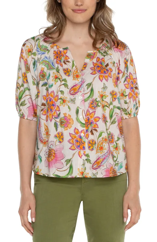 BUTTON FRONT SHIRRED WOVEN TOP sold by Liverpool Jeans Company