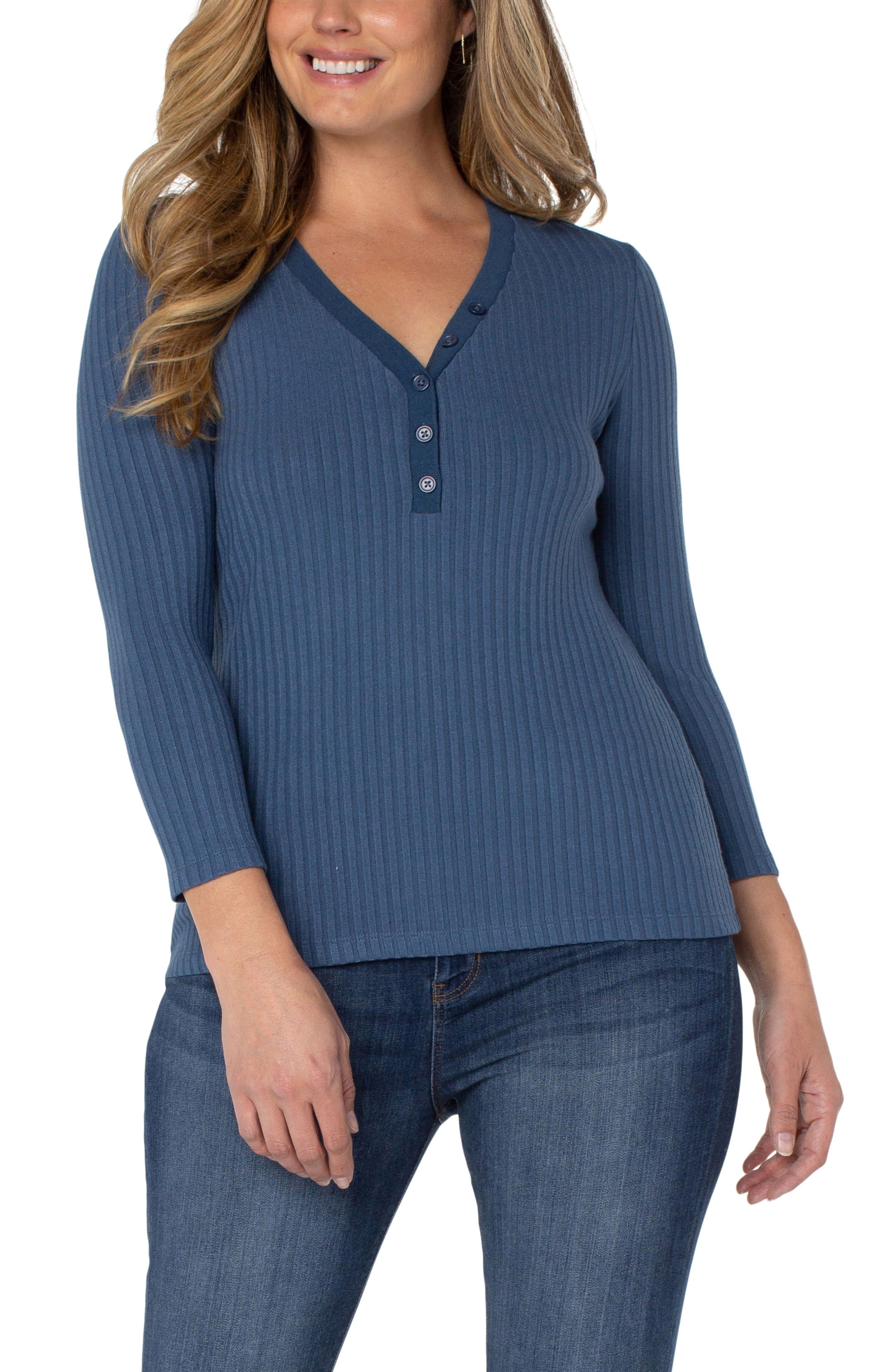 3/4 SLEEVE RIB KNIT HENLEY TOP sold by Liverpool Jeans Company