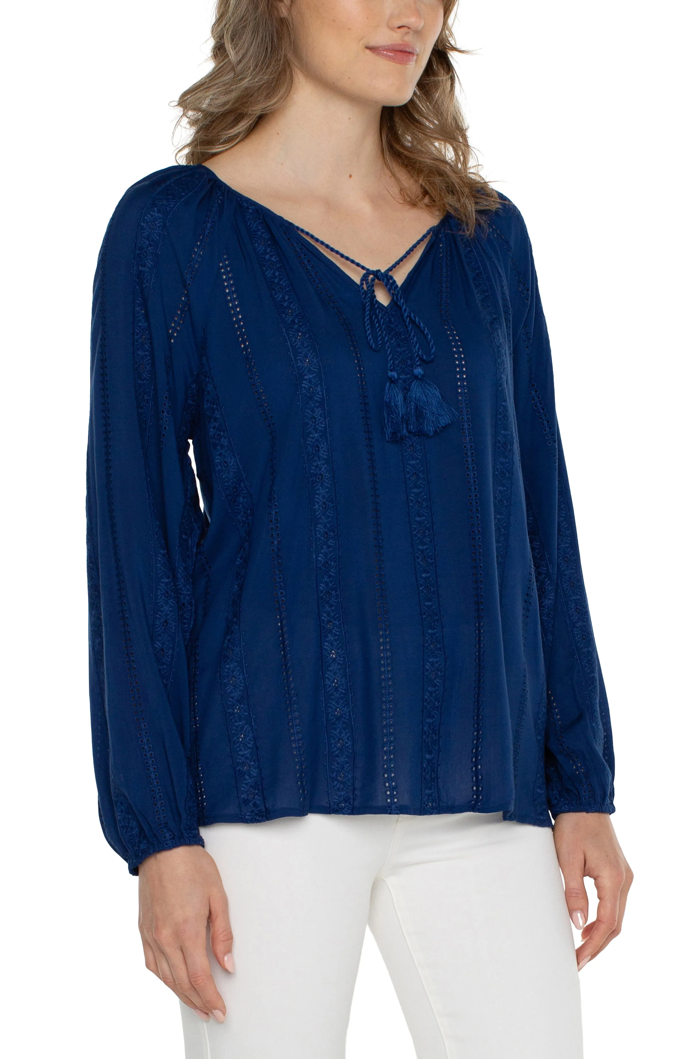 EMBROIDERED SHIRRED BLOUSE WITH NECK TIES sold by Liverpool Jeans Company product image thumbnail 2