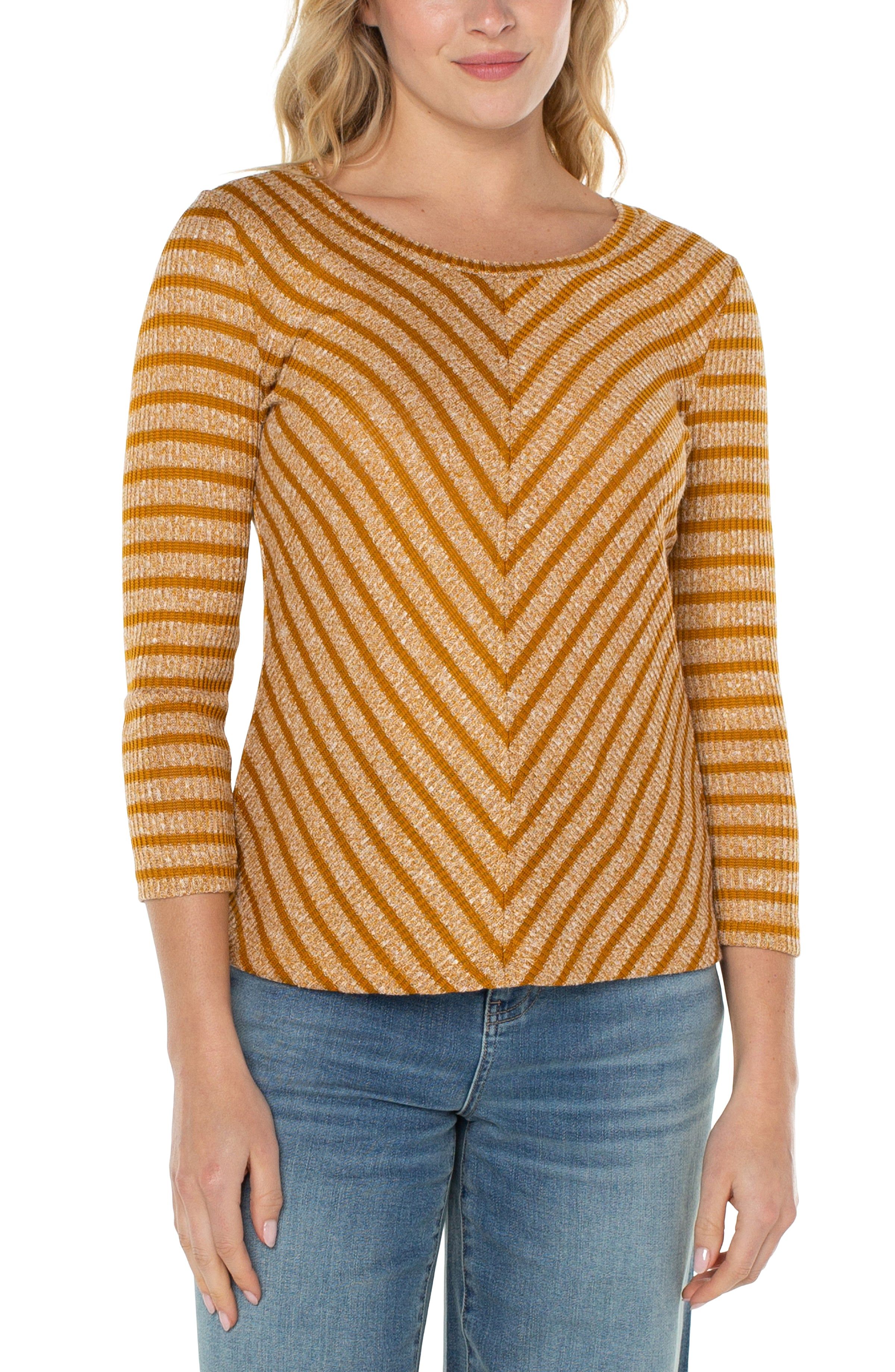 3/4 SLEEVE KNIT TOP WITH MITER FRONT sold by Liverpool Jeans Company