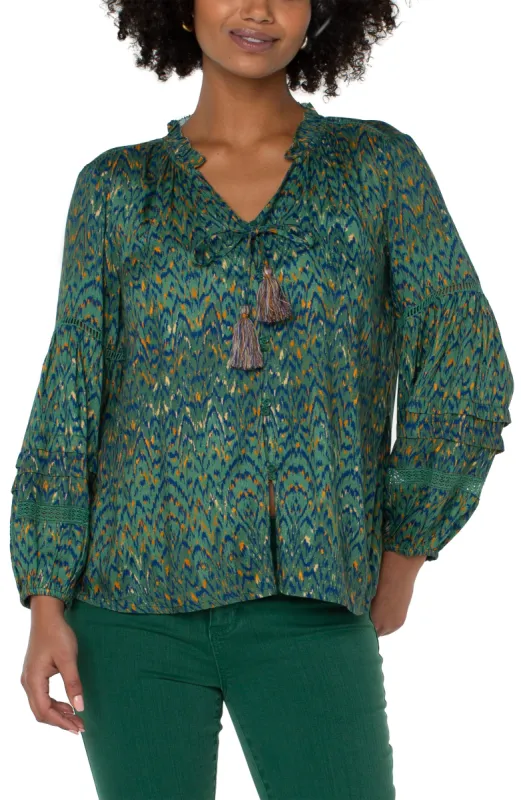 TIE FRONT POPOVER SHIRRED BLOUSE sold by Liverpool Jeans Company
