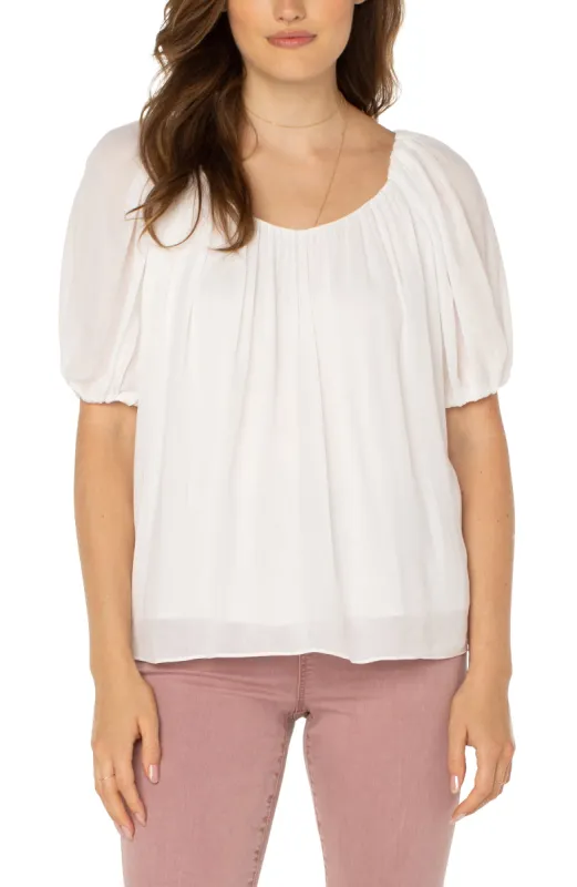 DOUBLE V-NECK SHIRRED WOVEN TOP sold by Liverpool Jeans Company