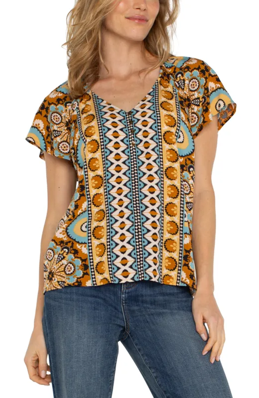 SHORT FLUTTER SLEEVE RAGLAN WOVEN TOP sold by Liverpool Jeans Company