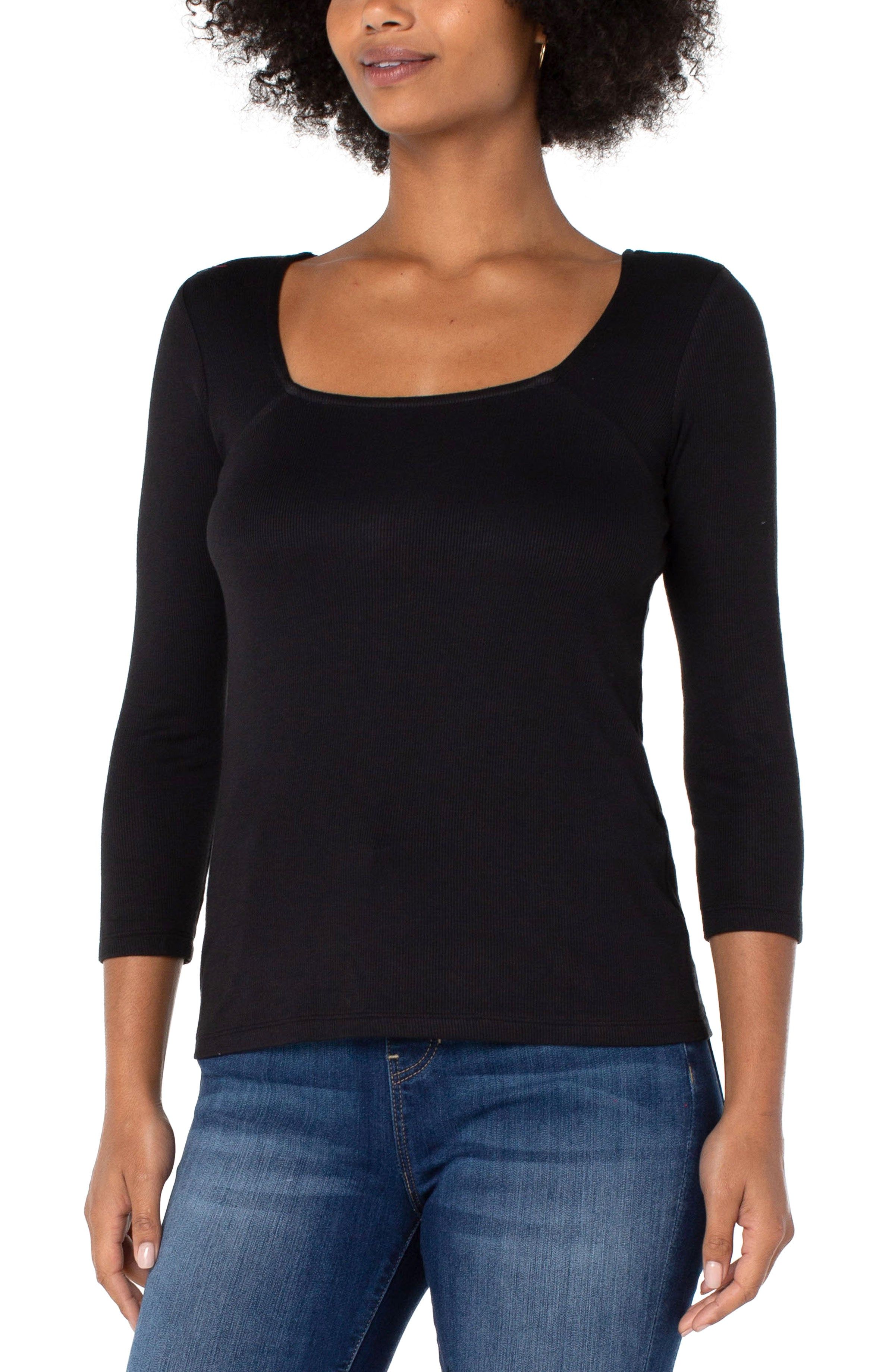 SQUARE NECK 3/4 SLEEVE RIB KNIT TOP sold by Liverpool Jeans Company