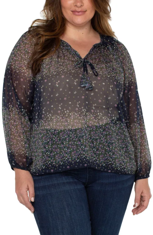 SHIRRED BLOUSE WITH NECK TIES sold by Liverpool Jeans Company