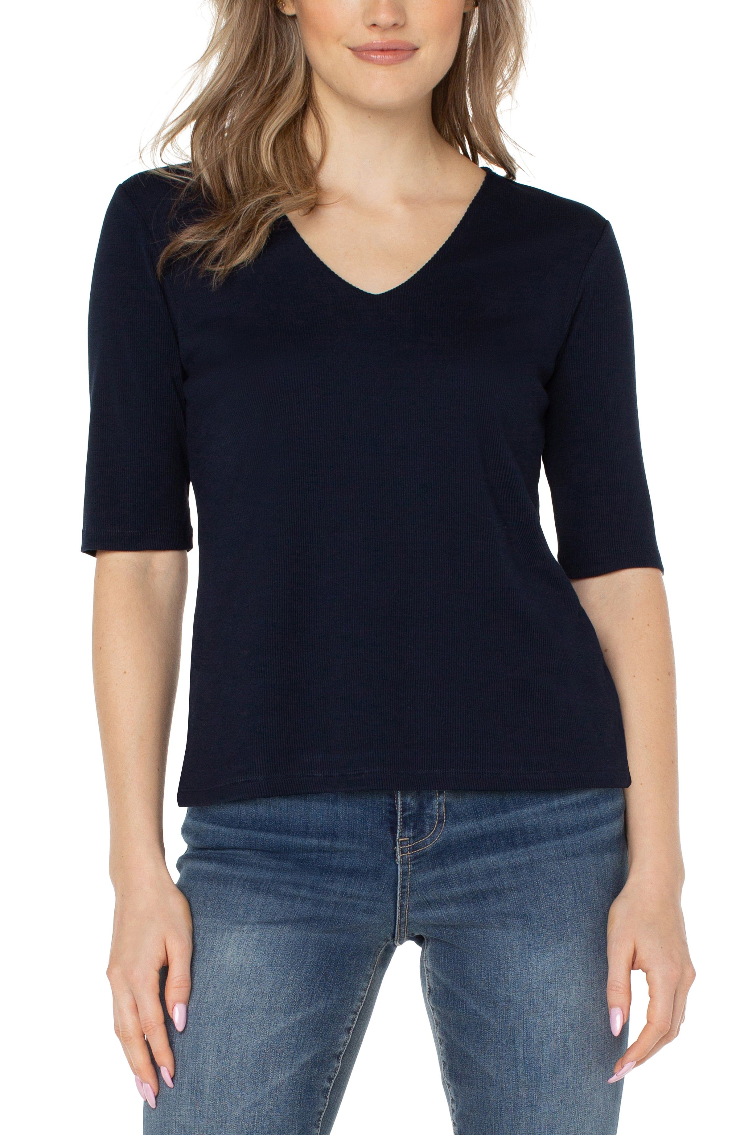 DOUBLE LAYER V-NECK RIB KNIT TOP sold by Liverpool Jeans Company