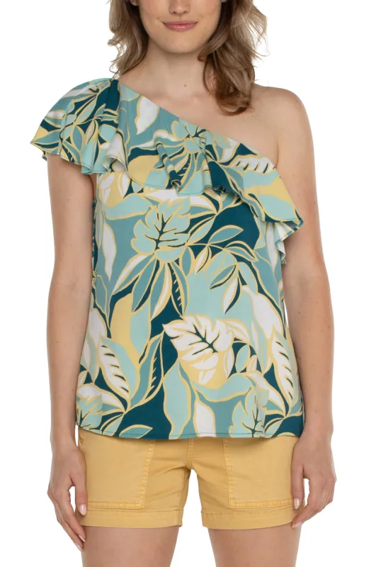ONE SHOULDER RUFFLE PRINTED WOVEN TOP sold by Liverpool Jeans Company
