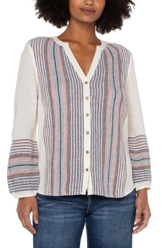 BUTTON FRONT SHIRRED BLOUSE sold by Liverpool Jeans Company