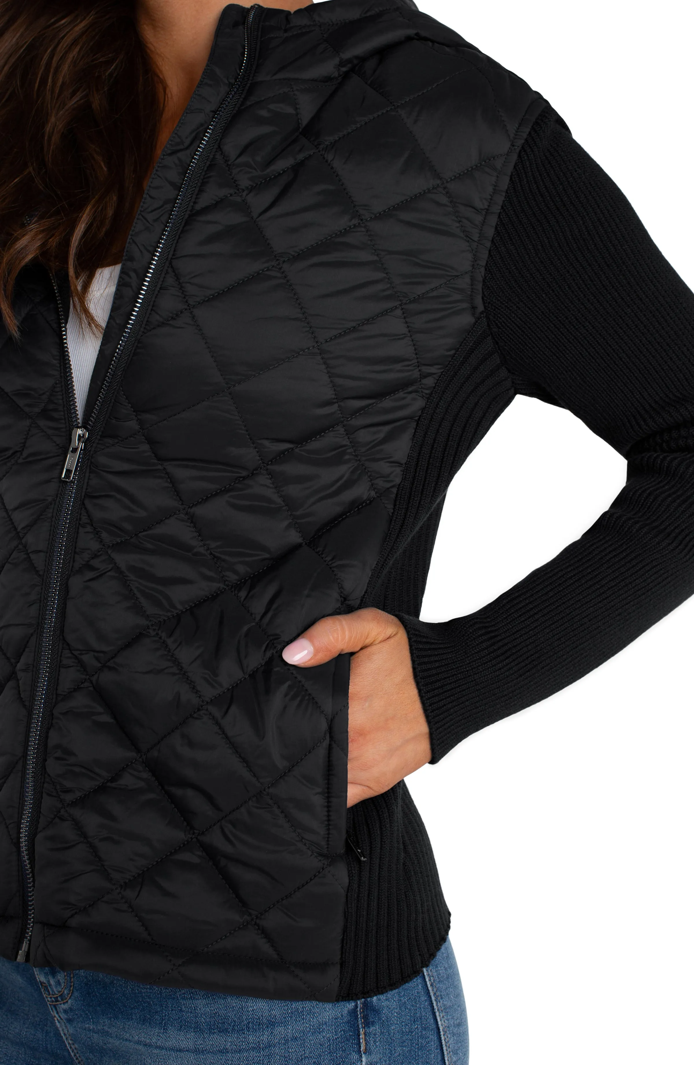 QUILTED FRONT FULL ZIP HOODED SWEATER sold by Liverpool Jeans Company product image thumbnail 3