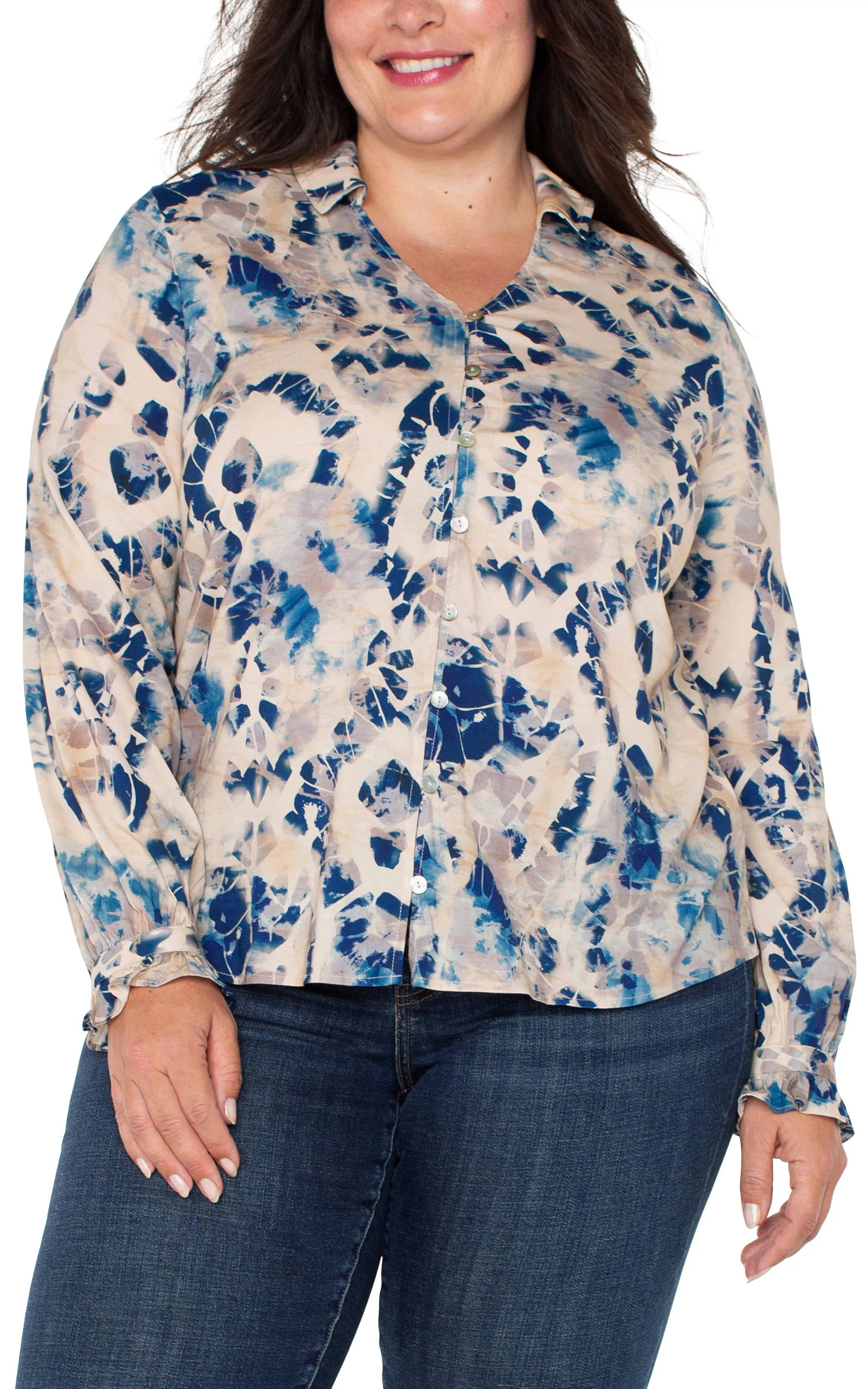 LONG SLEEVE BUTTON FRONT WOVEN BLOUSE sold by Liverpool Jeans Company