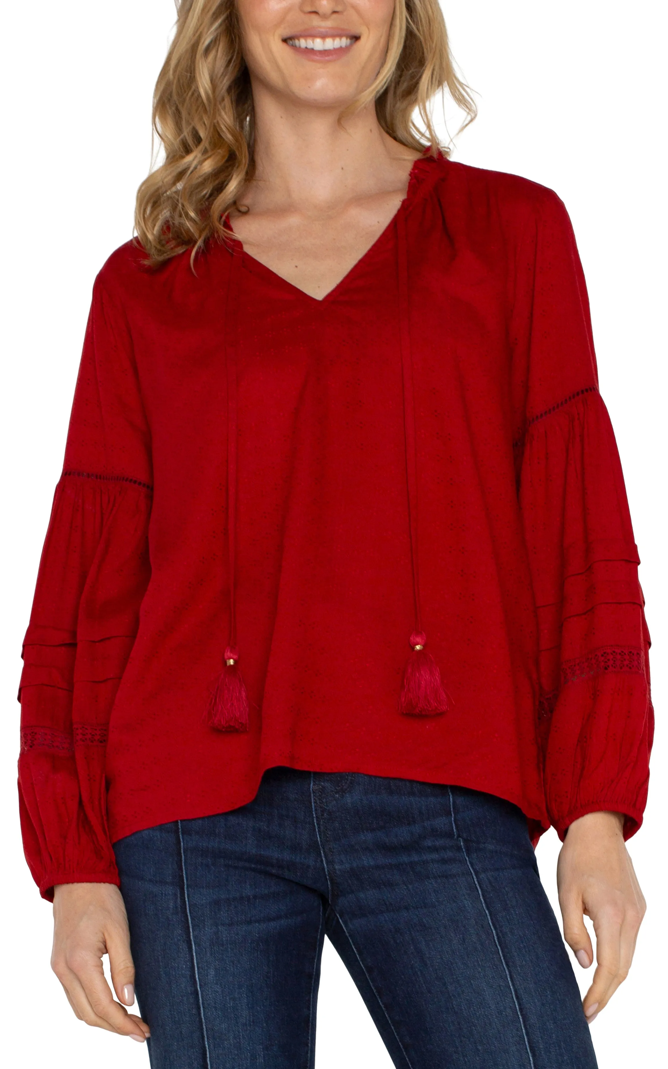 TIE FRONT POPOVER SHIRRED BLOUSE sold by Liverpool Jeans Company product image thumbnail 3