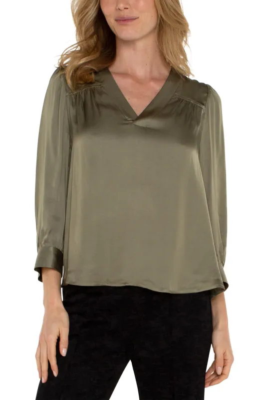 LONG SLEEVE PLEATED NECK WOVEN BLOUSE sold by Liverpool Jeans Company