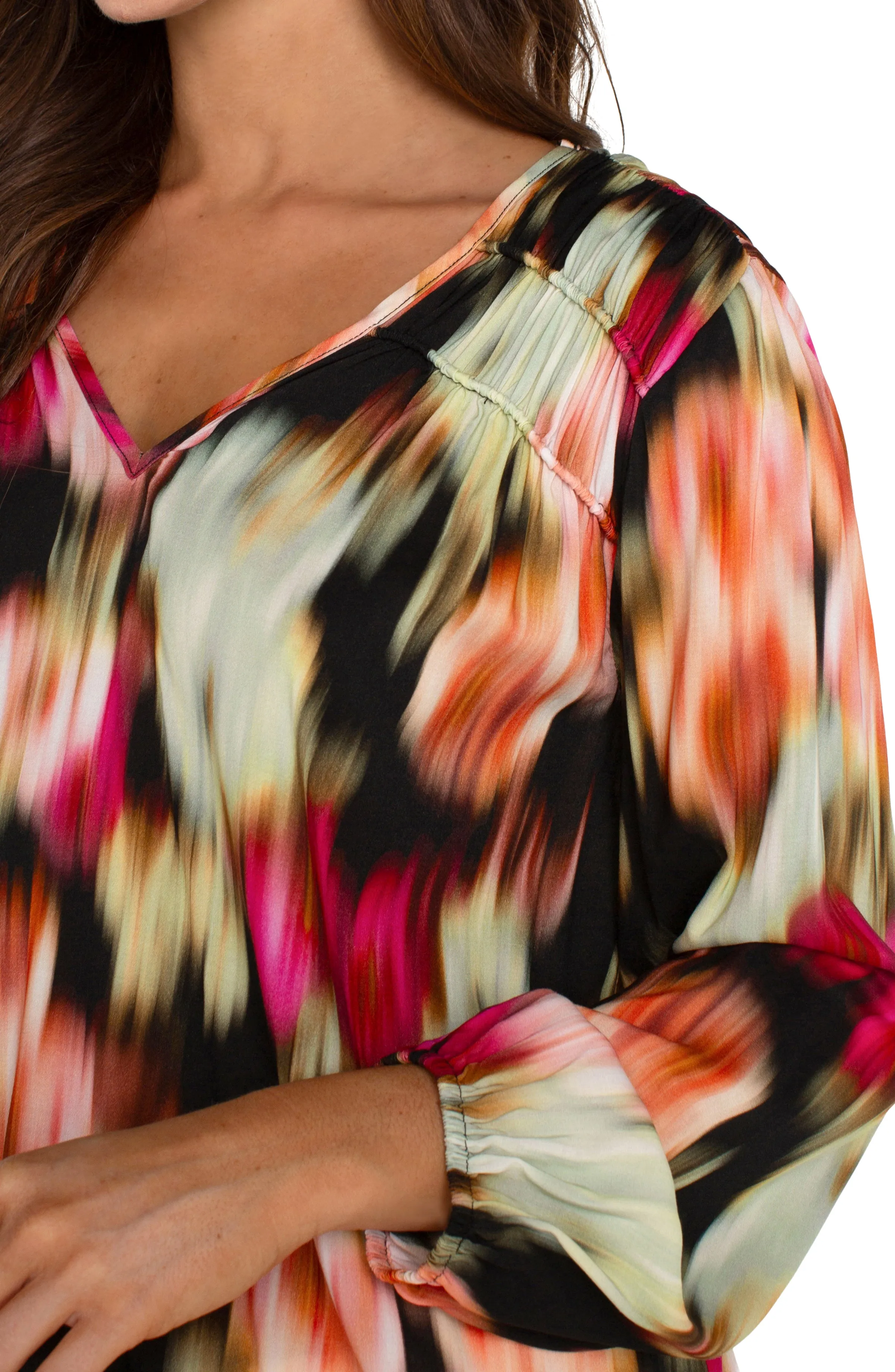 LONG SLEEVE V-NECK SHIRRED WOVEN BLOUSE sold by Liverpool Jeans Company product image thumbnail 3