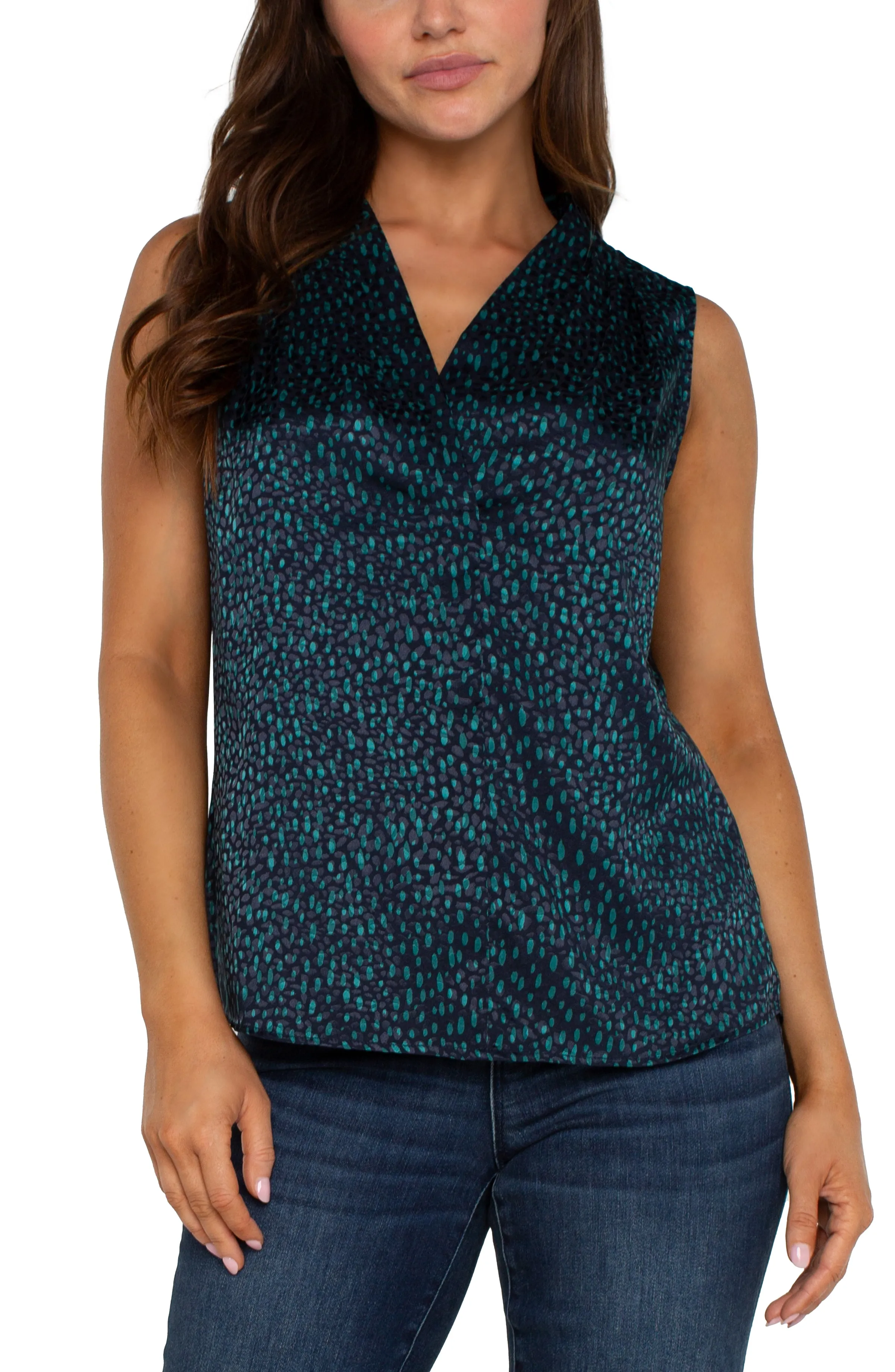 SLEEVELESS PLEATED NECK WOVEN BLOUSE sold by Liverpool Jeans Company