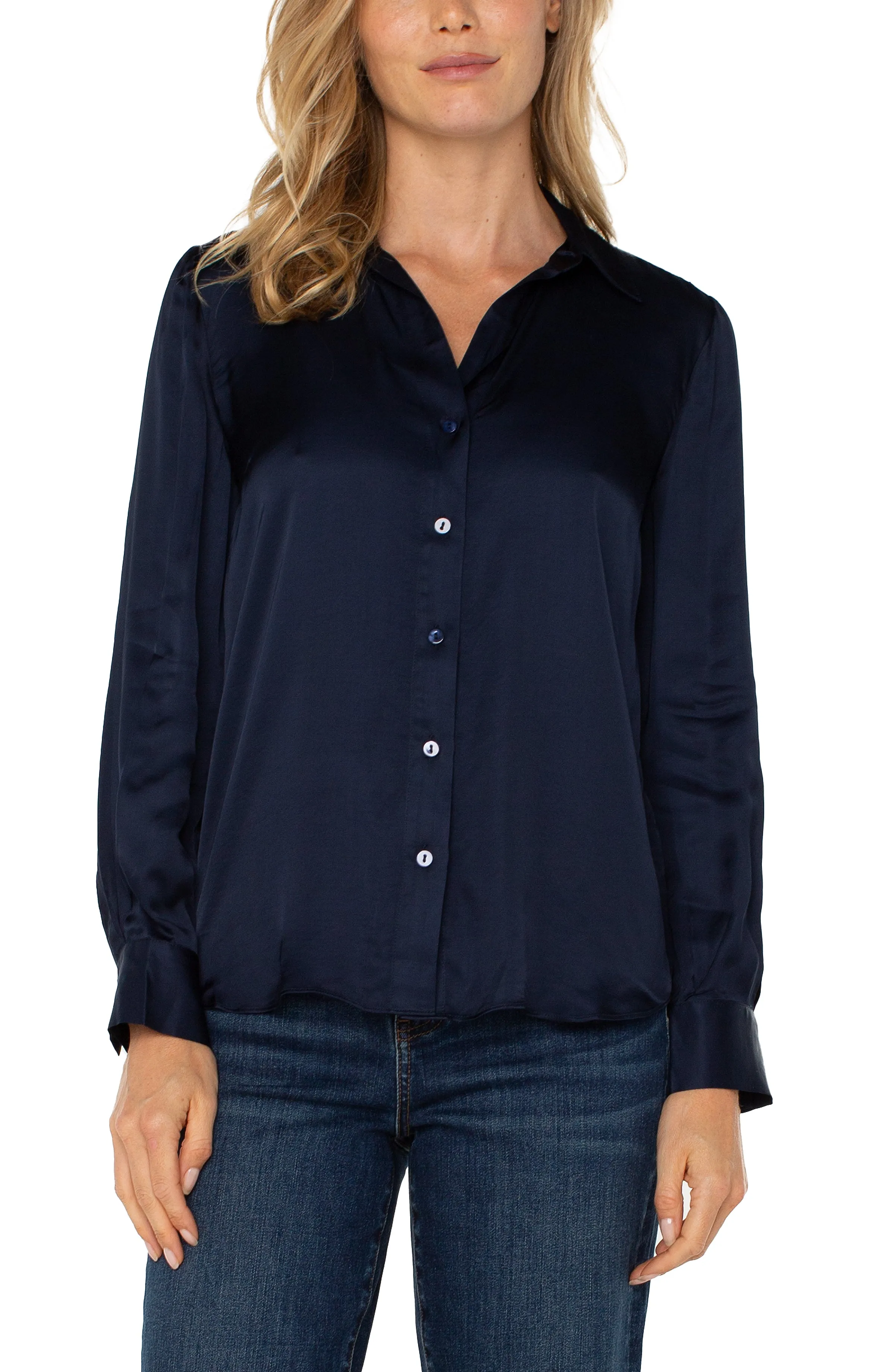 LONG SLEEVE COLLARED BUTTON FRONT WOVEN BLOUSE sold by Liverpool Jeans Company